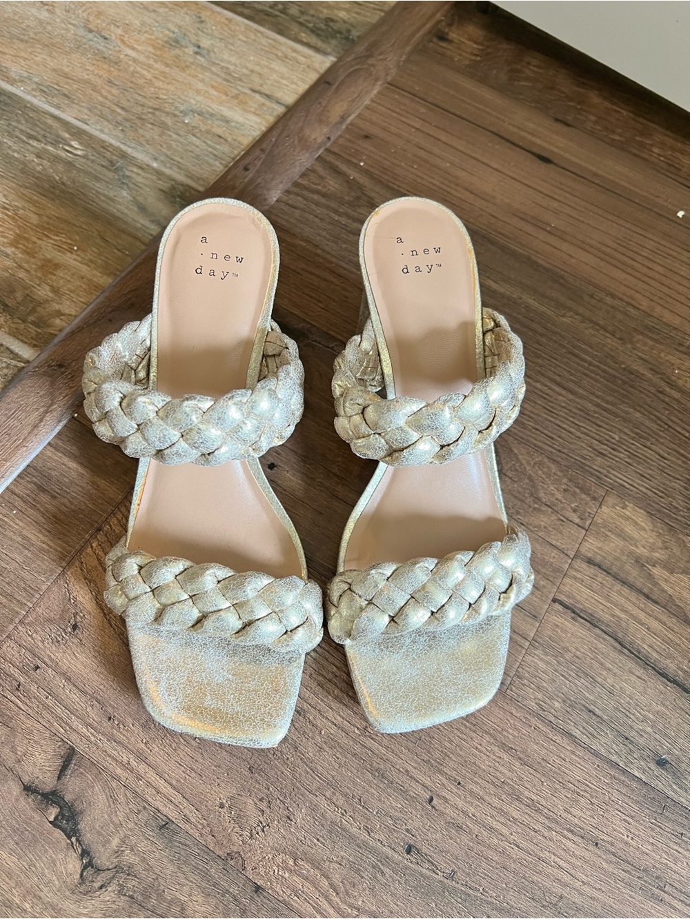a new day Gold Braided Double-Strap Square-Toe Mules - NEW
